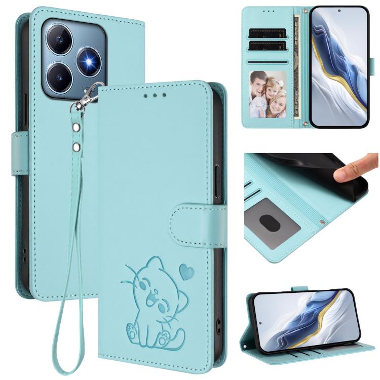 Embossed Heart Cat Leather Phone Case with Hand Strap, For Realme GT 7 Pro 5G / GT7 Pro Racing, For Realme C63 5G Global, For Realme 13 / 12 / 12x / C65 5G Global, For Realme C63 / C61 / Note 60 4G Global
