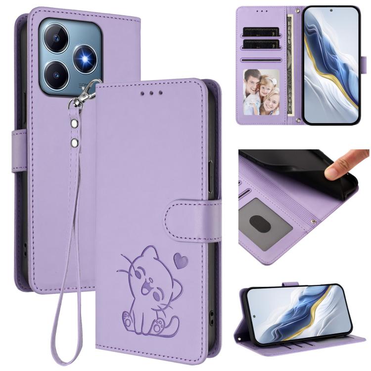 Embossed Heart Cat Leather Phone Case with Hand Strap, For Realme GT 7 Pro 5G / GT7 Pro Racing, For Realme C63 5G Global, For Realme 13 / 12 / 12x / C65 5G Global, For Realme C63 / C61 / Note 60 4G Global