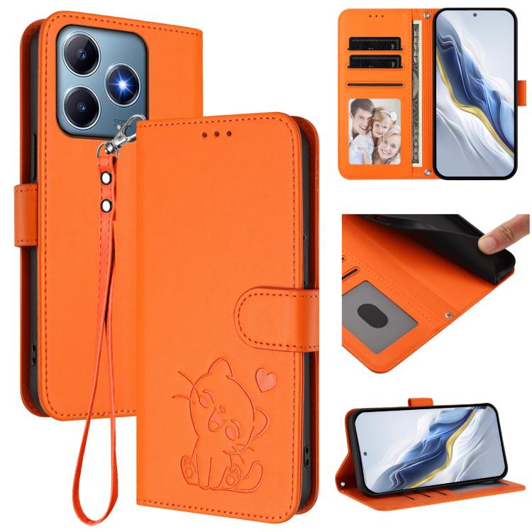Embossed Heart Cat Leather Phone Case with Hand Strap, For Realme GT 7 Pro 5G / GT7 Pro Racing, For Realme C63 5G Global, For Realme 13 / 12 / 12x / C65 5G Global, For Realme C63 / C61 / Note 60 4G Global