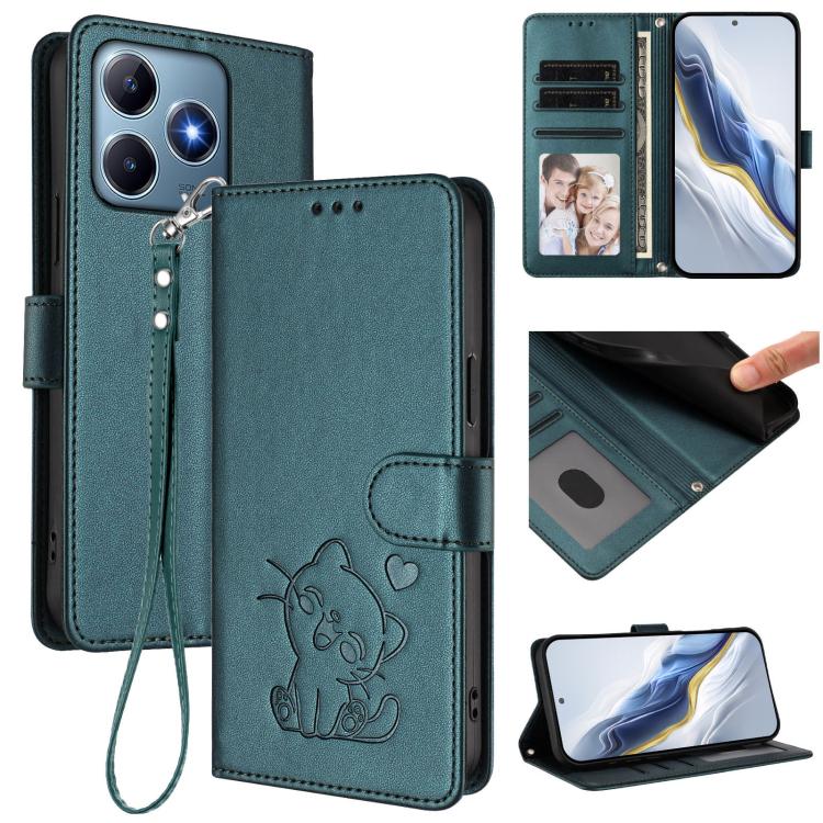 Embossed Heart Cat Leather Phone Case with Hand Strap, For Realme GT 7 Pro 5G / GT7 Pro Racing, For Realme C63 5G Global, For Realme 13 / 12 / 12x / C65 5G Global, For Realme C63 / C61 / Note 60 4G Global