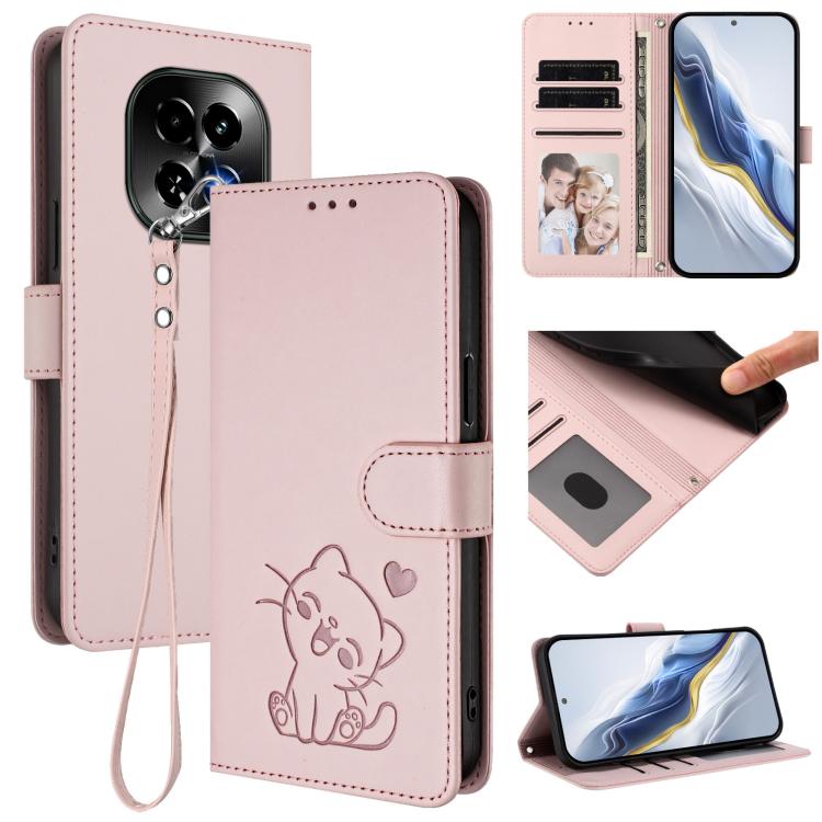 Embossed Heart Cat Leather Phone Case with Hand Strap, For Realme GT 7 Pro 5G / GT7 Pro Racing, For Realme C63 5G Global, For Realme 13 / 12 / 12x / C65 5G Global, For Realme C63 / C61 / Note 60 4G Global