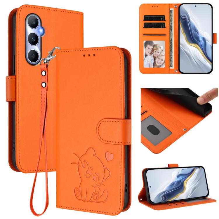 Embossed Heart Cat Leather Phone Case with Hand Strap, For Realme 11 4G Global, For Realme GT5 240W / GT5 5G, For Realme Narzo 60 Pro, For Realme C65 4G Global