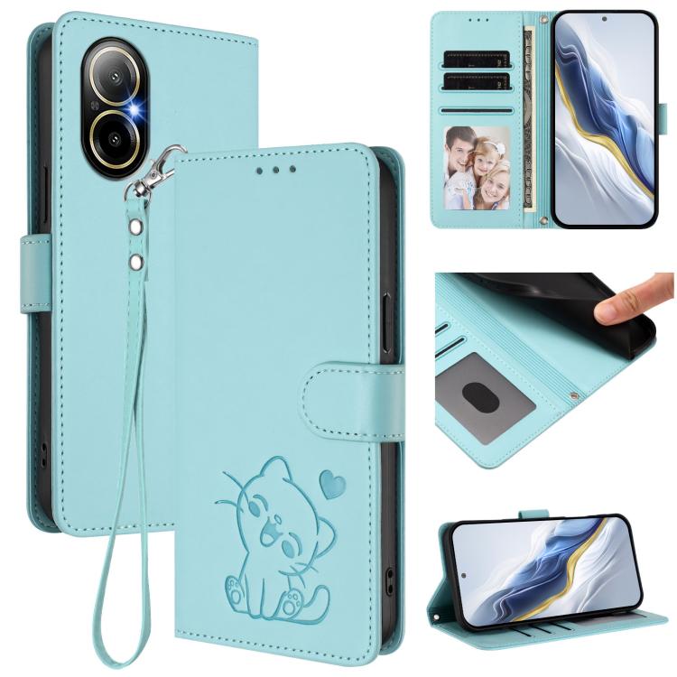 Embossed Heart Cat Leather Phone Case with Hand Strap, For Realme C67 4G / 12 Lite 4G Global, For Realme 12 Pro / 12 Pro+ / P1 Pro 5G, For Realme C53 / C51 4G Global, For Realme 11 5G Global / C67 5G India