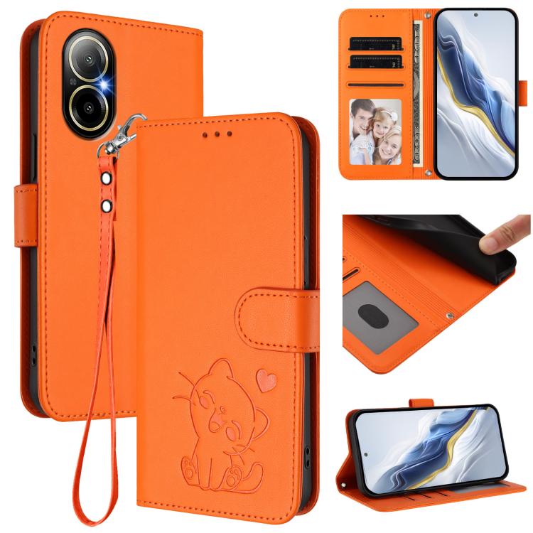 Embossed Heart Cat Leather Phone Case with Hand Strap, For Realme C67 4G / 12 Lite 4G Global, For Realme 12 Pro / 12 Pro+ / P1 Pro 5G, For Realme C53 / C51 4G Global, For Realme 11 5G Global / C67 5G India