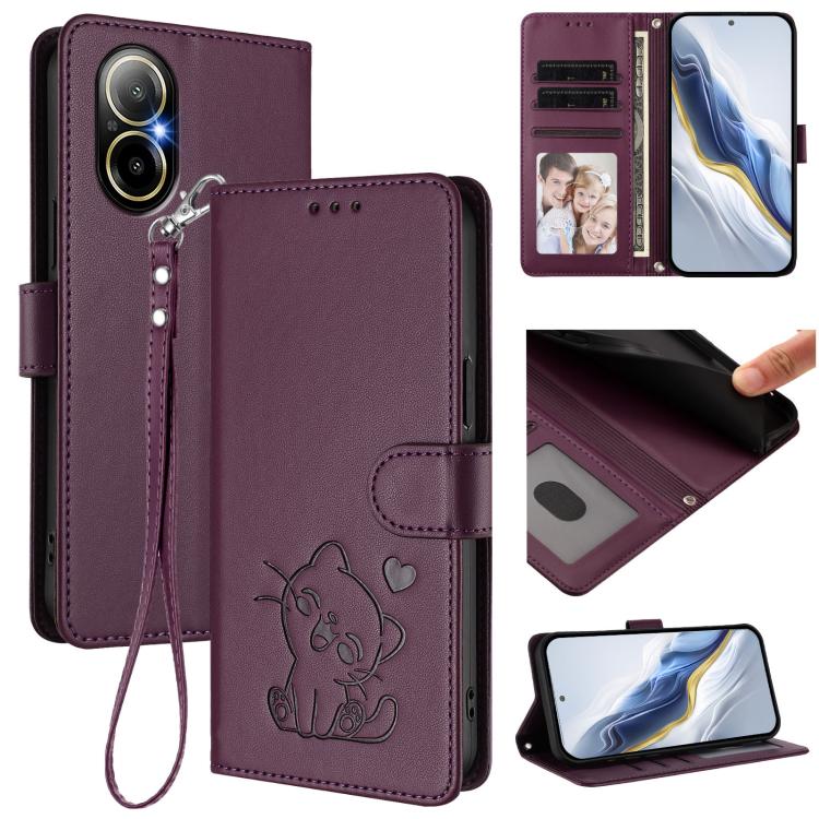 Embossed Heart Cat Leather Phone Case with Hand Strap, For Realme C67 4G / 12 Lite 4G Global, For Realme 12 Pro / 12 Pro+ / P1 Pro 5G, For Realme C53 / C51 4G Global, For Realme 11 5G Global / C67 5G India
