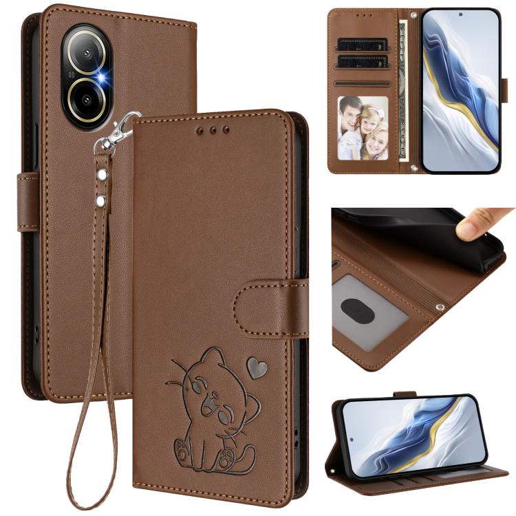 Embossed Heart Cat Leather Phone Case with Hand Strap, For Realme C67 4G / 12 Lite 4G Global, For Realme 12 Pro / 12 Pro+ / P1 Pro 5G, For Realme C53 / C51 4G Global, For Realme 11 5G Global / C67 5G India