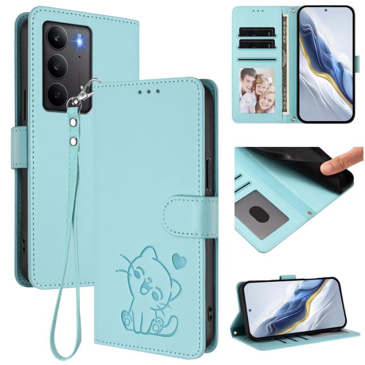 Embossed Heart Cat Leather Phone Case with Hand Strap, For Realme P3 Pro 5G Global, For Realme C75 4G Global / 14x 5G India, For Realme 14 Pro+ 5G, For Realme 14 Pro 5G India
