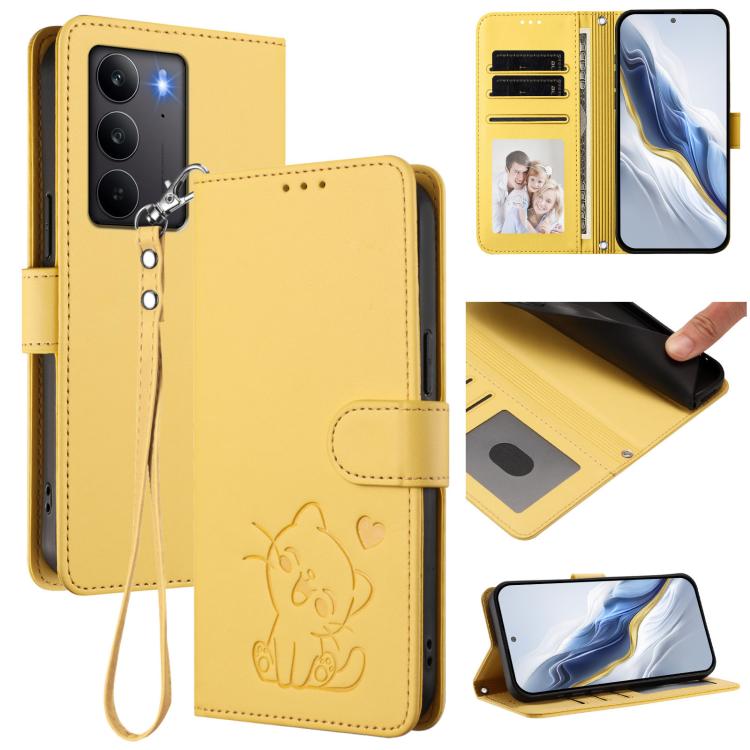 Embossed Heart Cat Leather Phone Case with Hand Strap, For Realme P3 Pro 5G Global, For Realme C75 4G Global / 14x 5G India, For Realme 14 Pro+ 5G, For Realme 14 Pro 5G India