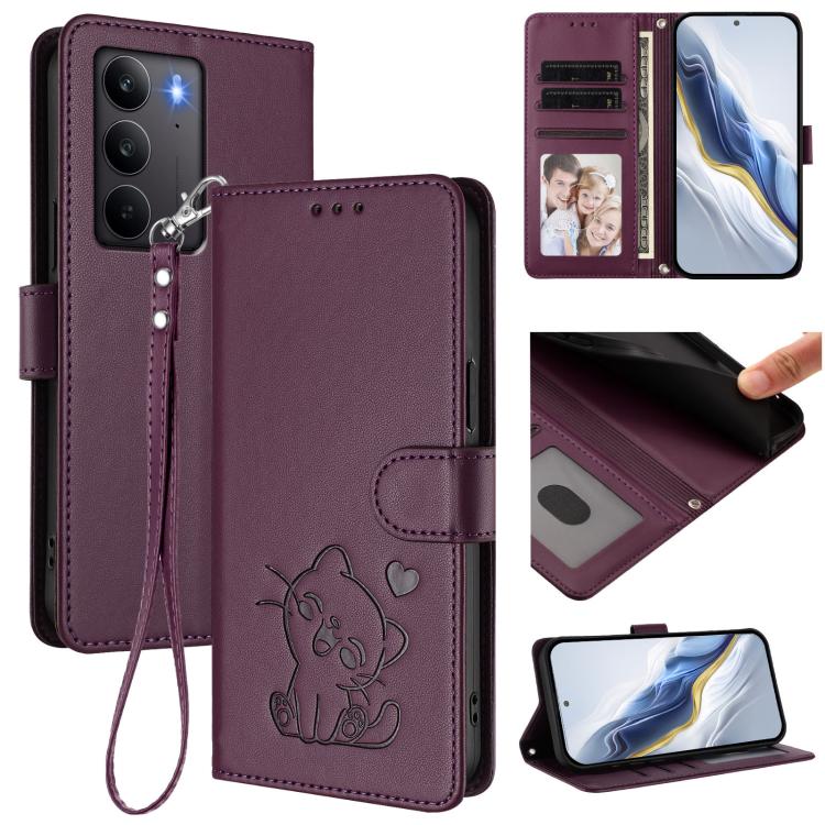 Embossed Heart Cat Leather Phone Case with Hand Strap, For Realme P3 Pro 5G Global, For Realme C75 4G Global / 14x 5G India, For Realme 14 Pro+ 5G, For Realme 14 Pro 5G India