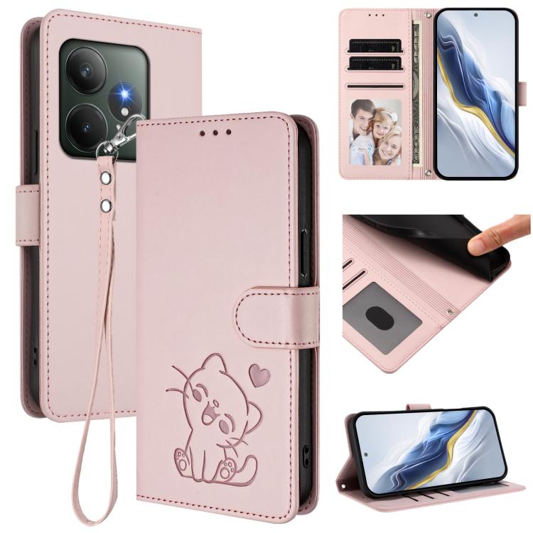 Embossed Heart Cat Leather Phone Case with Hand Strap, For Realme 13+ 5G Global, For Realme 13 / 12 4G / P1 5G Global, For Realme 13 Pro / 13 Pro+ 5G Global, For Realme GT 6 5G / GT 6T 5G Global