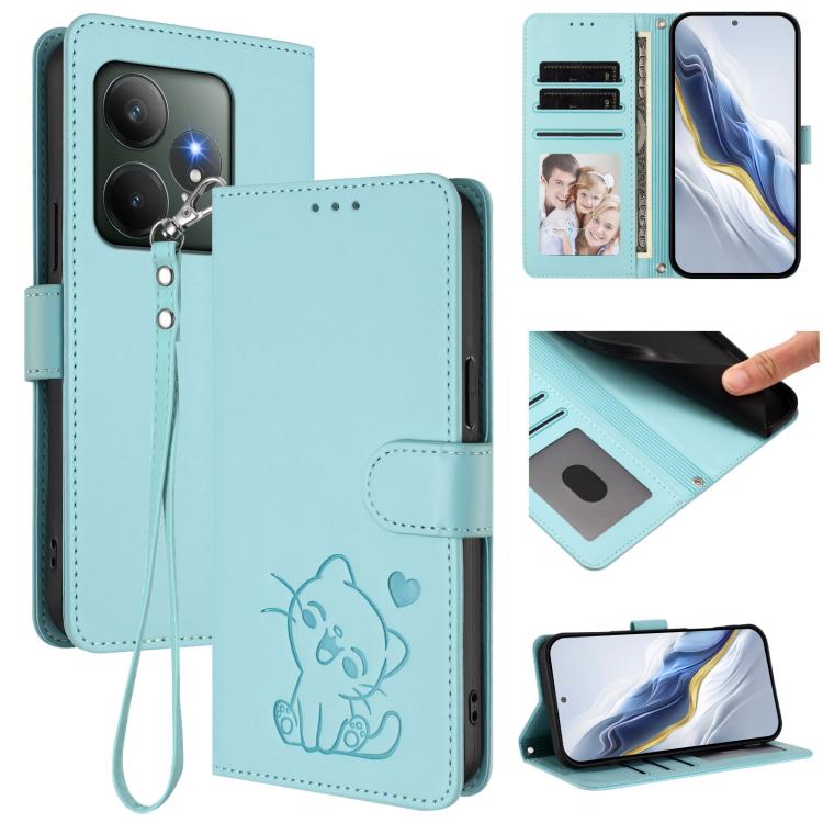 Embossed Heart Cat Leather Phone Case with Hand Strap, For Realme 13+ 5G Global, For Realme 13 / 12 4G / P1 5G Global, For Realme 13 Pro / 13 Pro+ 5G Global, For Realme GT 6 5G / GT 6T 5G Global