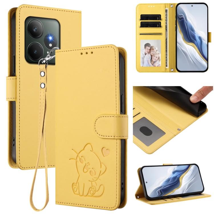 Embossed Heart Cat Leather Phone Case with Hand Strap, For Realme 13+ 5G Global, For Realme 13 / 12 4G / P1 5G Global, For Realme 13 Pro / 13 Pro+ 5G Global, For Realme GT 6 5G / GT 6T 5G Global