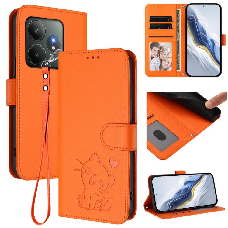 Embossed Heart Cat Leather Phone Case with Hand Strap, For Realme 13+ 5G Global, For Realme 13 / 12 4G / P1 5G Global, For Realme 13 Pro / 13 Pro+ 5G Global, For Realme GT 6 5G / GT 6T 5G Global