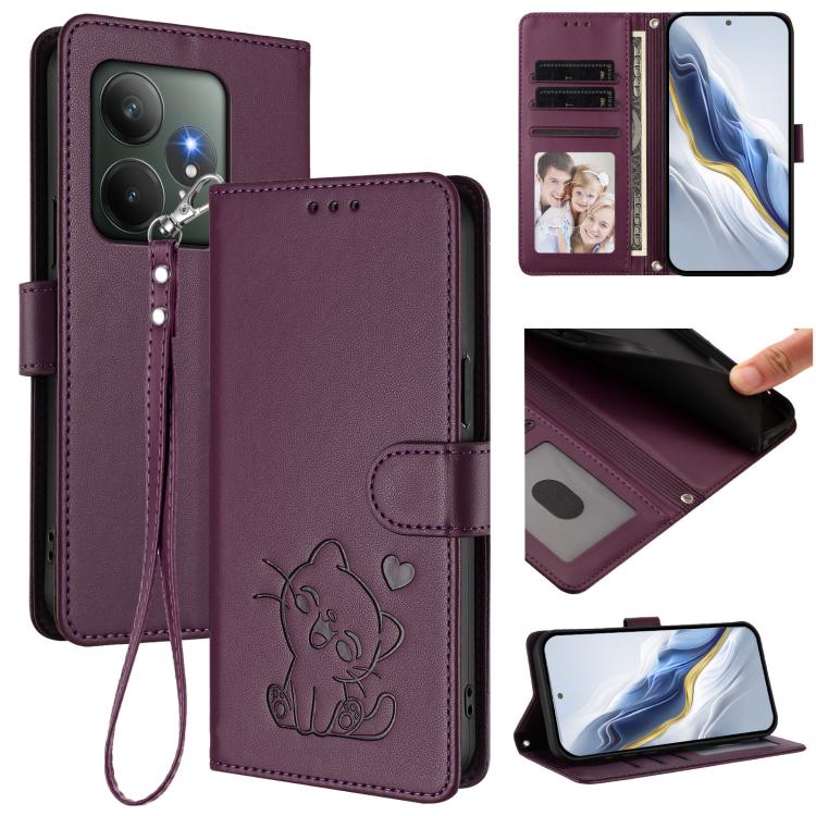 Embossed Heart Cat Leather Phone Case with Hand Strap, For Realme 13+ 5G Global, For Realme 13 / 12 4G / P1 5G Global, For Realme 13 Pro / 13 Pro+ 5G Global, For Realme GT 6 5G / GT 6T 5G Global
