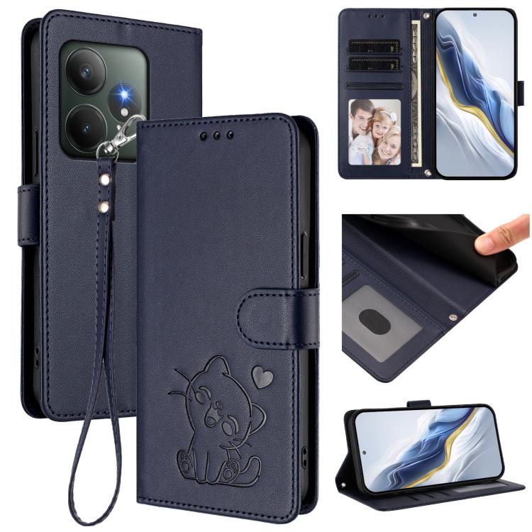 Embossed Heart Cat Leather Phone Case with Hand Strap, For Realme 13+ 5G Global, For Realme 13 / 12 4G / P1 5G Global, For Realme 13 Pro / 13 Pro+ 5G Global, For Realme GT 6 5G / GT 6T 5G Global