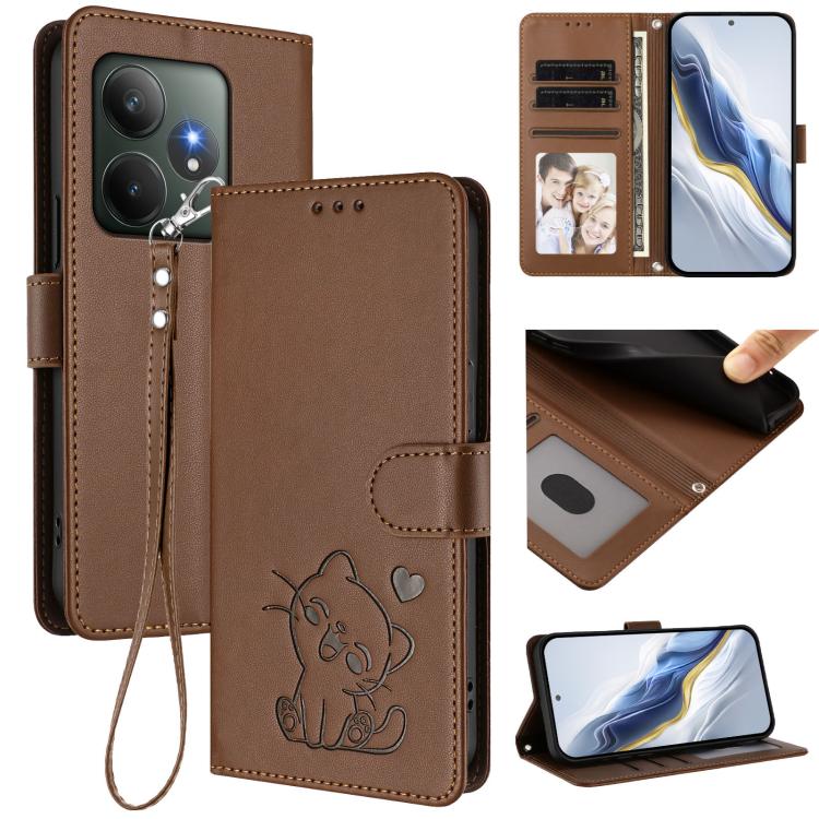 Embossed Heart Cat Leather Phone Case with Hand Strap, For Realme 13+ 5G Global, For Realme 13 / 12 4G / P1 5G Global, For Realme 13 Pro / 13 Pro+ 5G Global, For Realme GT 6 5G / GT 6T 5G Global