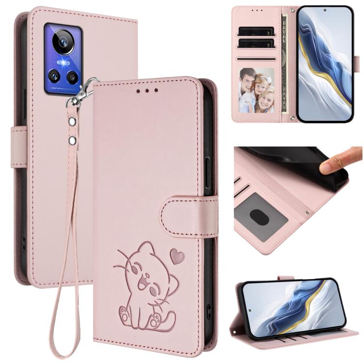 Embossed Heart Cat Leather Phone Case with Hand Strap, For Realme GT Neo 3T, For Realme 9 Pro+ 5G / Narzo 50 Pro 5G, For Realme GT Neo 3, For Realme 9 Pro 5G Global / 9 5G EU