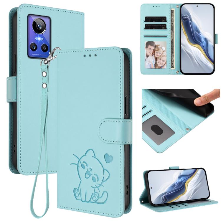 Embossed Heart Cat Leather Phone Case with Hand Strap, For Realme GT Neo 3T, For Realme 9 Pro+ 5G / Narzo 50 Pro 5G, For Realme GT Neo 3, For Realme 9 Pro 5G Global / 9 5G EU