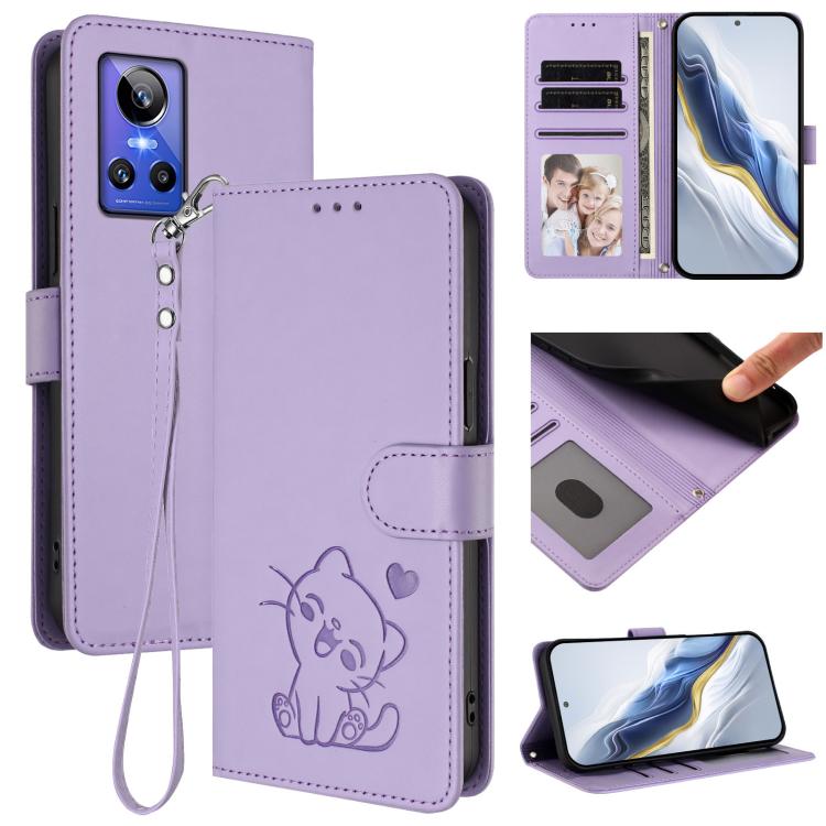 Embossed Heart Cat Leather Phone Case with Hand Strap, For Realme GT Neo 3T, For Realme 9 Pro+ 5G / Narzo 50 Pro 5G, For Realme GT Neo 3, For Realme 9 Pro 5G Global / 9 5G EU