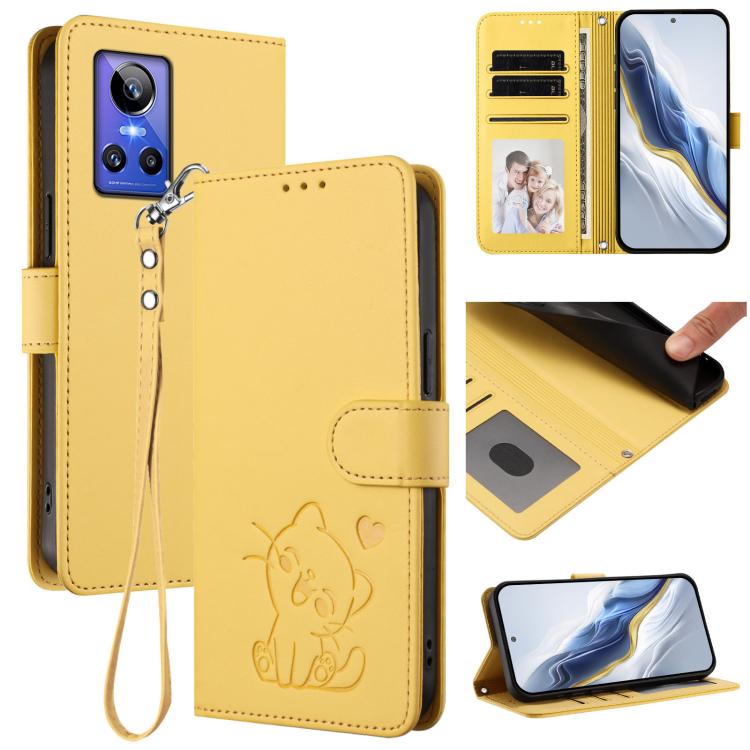 Embossed Heart Cat Leather Phone Case with Hand Strap, For Realme GT Neo 3T, For Realme 9 Pro+ 5G / Narzo 50 Pro 5G, For Realme GT Neo 3, For Realme 9 Pro 5G Global / 9 5G EU