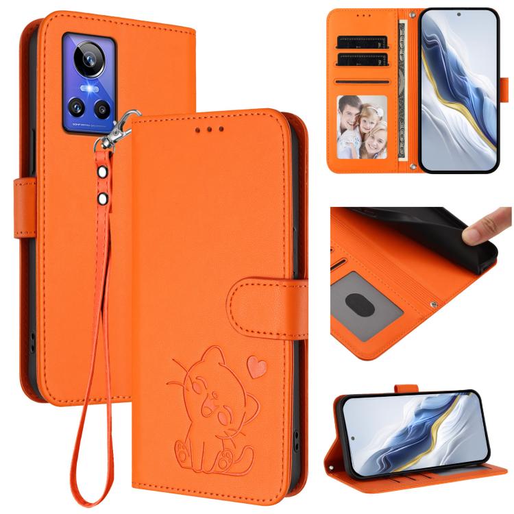 Embossed Heart Cat Leather Phone Case with Hand Strap, For Realme GT Neo 3T, For Realme 9 Pro+ 5G / Narzo 50 Pro 5G, For Realme GT Neo 3, For Realme 9 Pro 5G Global / 9 5G EU