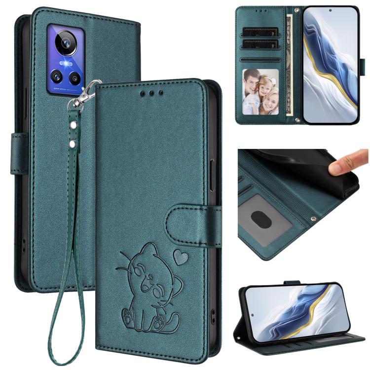 Embossed Heart Cat Leather Phone Case with Hand Strap, For Realme GT Neo 3T, For Realme 9 Pro+ 5G / Narzo 50 Pro 5G, For Realme GT Neo 3, For Realme 9 Pro 5G Global / 9 5G EU