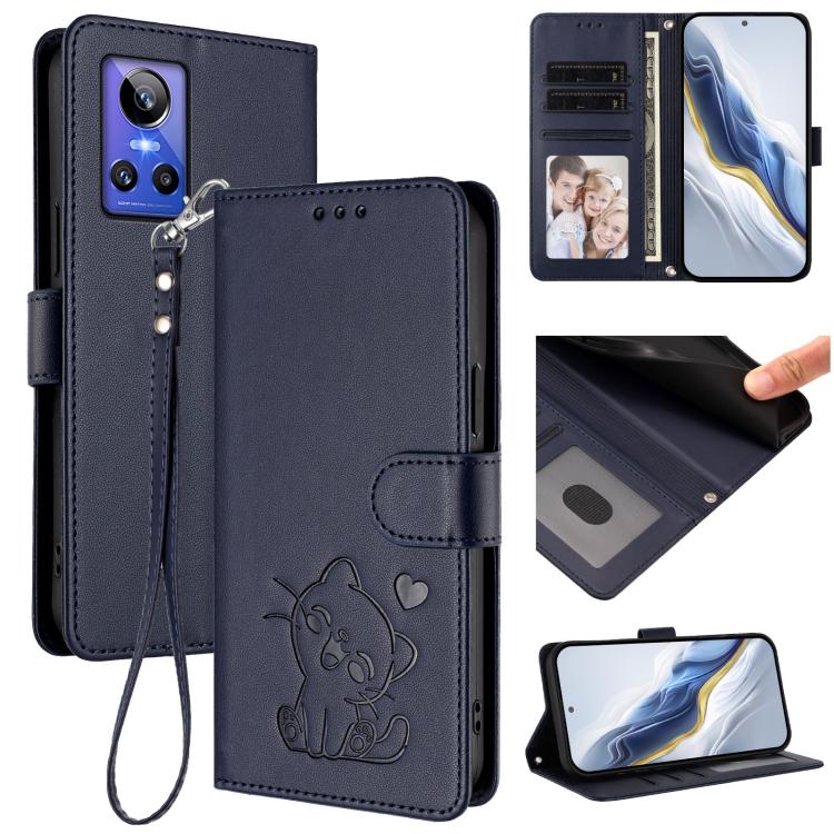 Embossed Heart Cat Leather Phone Case with Hand Strap, For Realme GT Neo 3T, For Realme 9 Pro+ 5G / Narzo 50 Pro 5G, For Realme GT Neo 3, For Realme 9 Pro 5G Global / 9 5G EU