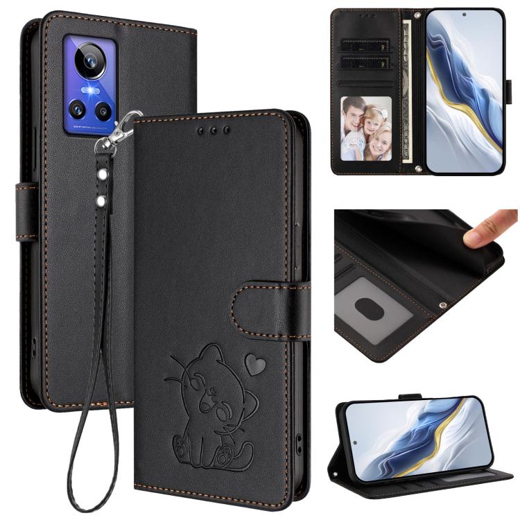 Embossed Heart Cat Leather Phone Case with Hand Strap, For Realme GT Neo 3T, For Realme 9 Pro+ 5G / Narzo 50 Pro 5G, For Realme GT Neo 3, For Realme 9 Pro 5G Global / 9 5G EU