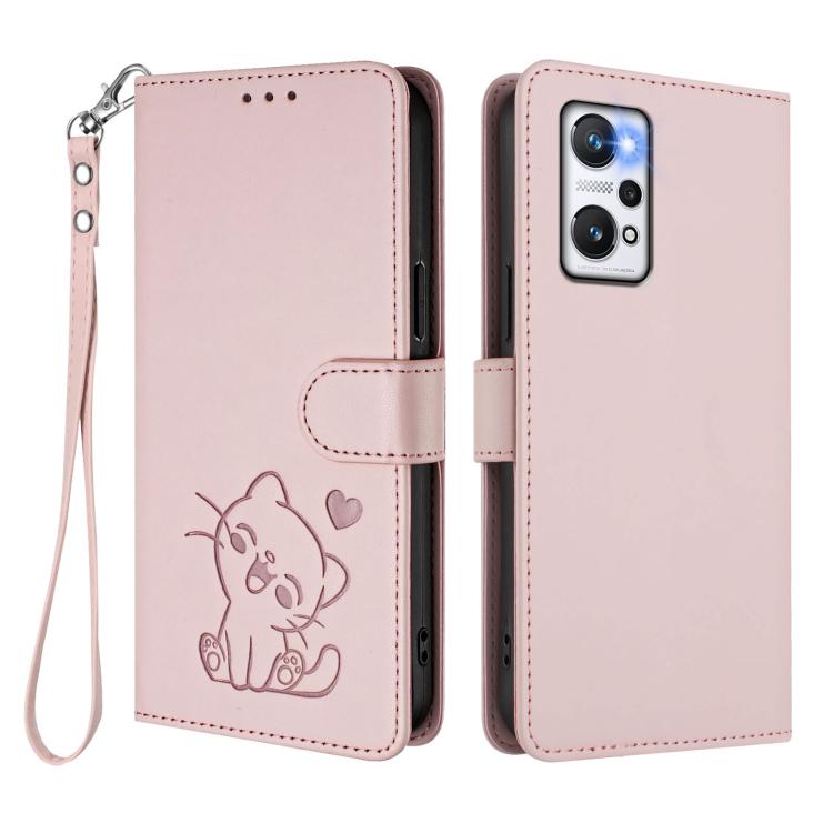 Embossed Heart Cat Leather Phone Case with Hand Strap, For Realme GT Neo 3T, For Realme 9 Pro+ 5G / Narzo 50 Pro 5G, For Realme GT Neo 3, For Realme 9 Pro 5G Global / 9 5G EU