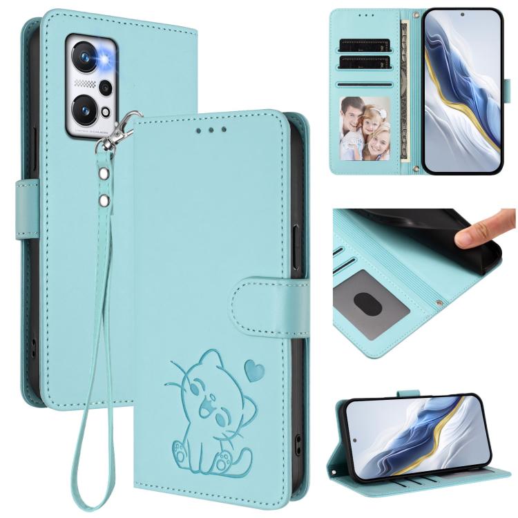 Embossed Heart Cat Leather Phone Case with Hand Strap, For Realme GT Neo 3T, For Realme 9 Pro+ 5G / Narzo 50 Pro 5G, For Realme GT Neo 3, For Realme 9 Pro 5G Global / 9 5G EU