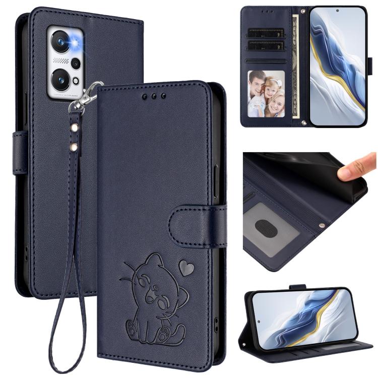 Embossed Heart Cat Leather Phone Case with Hand Strap, For Realme GT Neo 3T, For Realme 9 Pro+ 5G / Narzo 50 Pro 5G, For Realme GT Neo 3, For Realme 9 Pro 5G Global / 9 5G EU