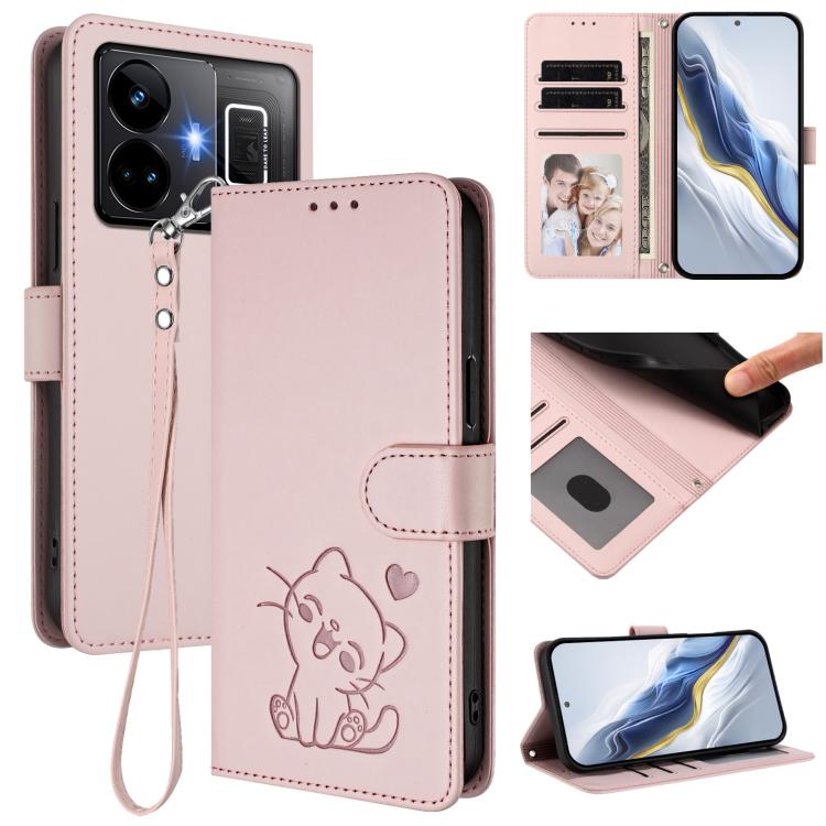 Embossed Heart Cat Leather Phone Case with Hand Strap, For Realme C55 4G Global / Narzo N55, For Realme C33 2023 / 2022, For Realme 10T 5G / 10S 5G, For Realme GT3 5G / GT Neo 5 240W