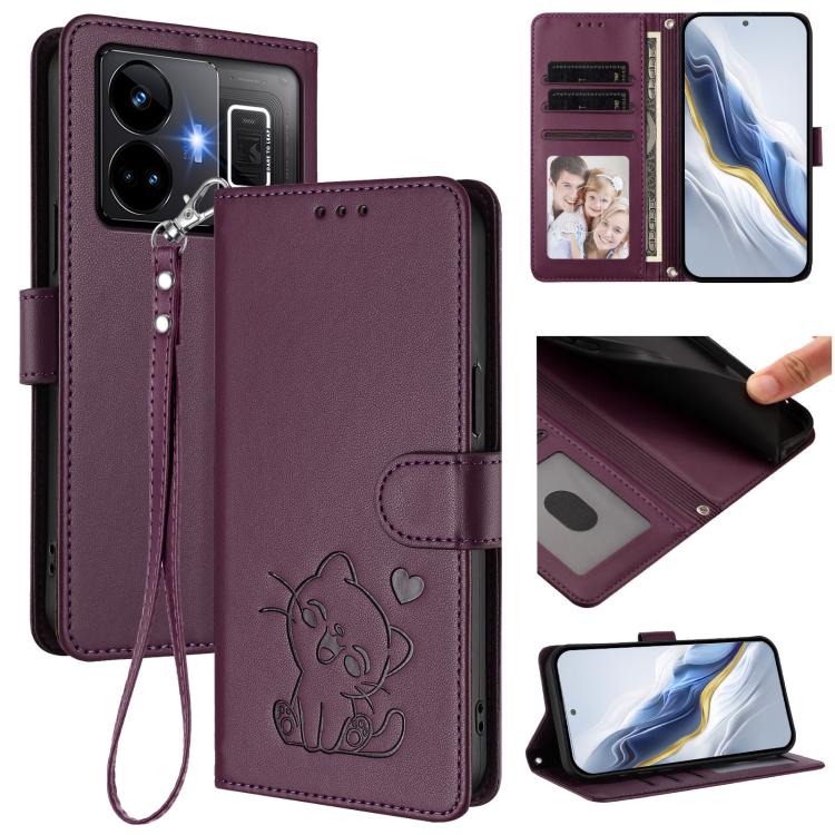 Embossed Heart Cat Leather Phone Case with Hand Strap, For Realme C55 4G Global / Narzo N55, For Realme C33 2023 / 2022, For Realme 10T 5G / 10S 5G, For Realme GT3 5G / GT Neo 5 240W