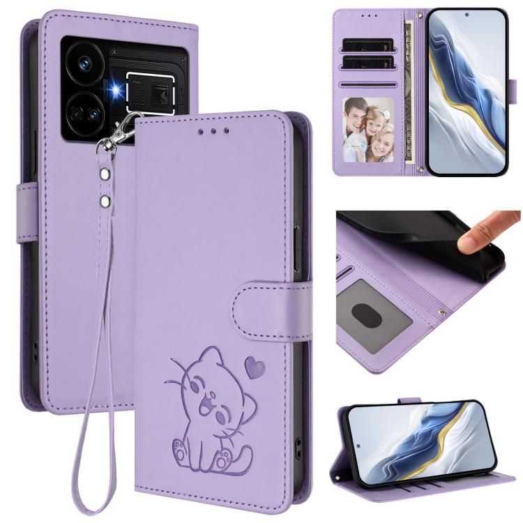 Embossed Heart Cat Leather Phone Case with Hand Strap, For Realme 11 4G Global, For Realme GT5 240W / GT5 5G, For Realme Narzo 60 Pro, For Realme C65 4G Global