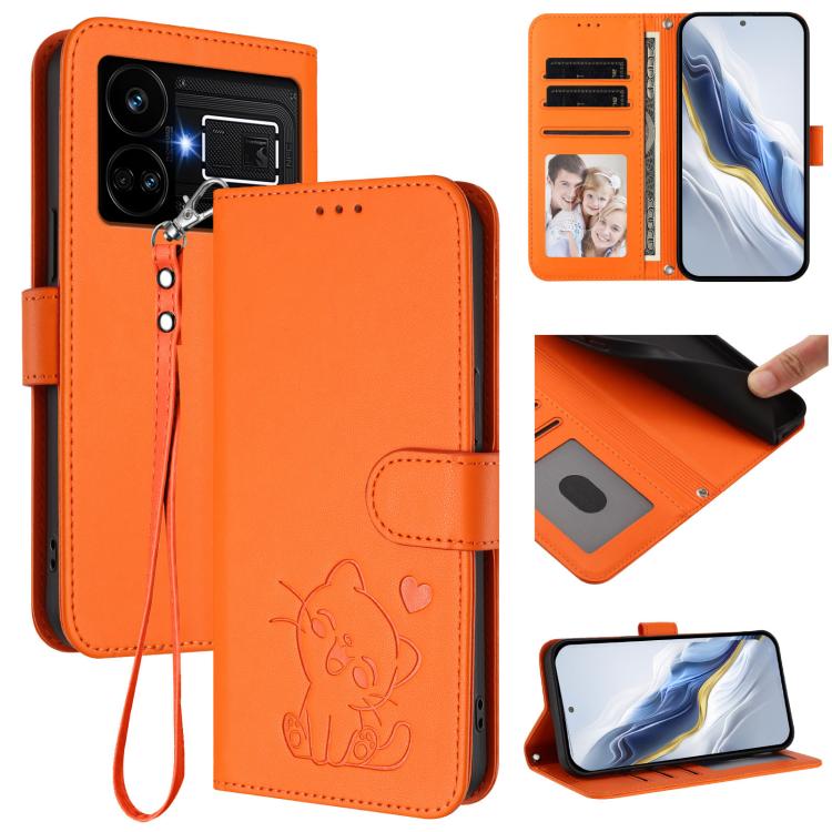 Embossed Heart Cat Leather Phone Case with Hand Strap, For Realme 11 4G Global, For Realme GT5 240W / GT5 5G, For Realme Narzo 60 Pro, For Realme C65 4G Global
