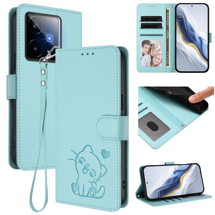 Embossed Heart Cat Leather Phone Case with Hand Strap, For Realme 15 / 15 Pro 5G Global, For Realme C71 4G Global, For Realme GT 7 5G India, For Realme V70 5G / 14x Global / C75 5G