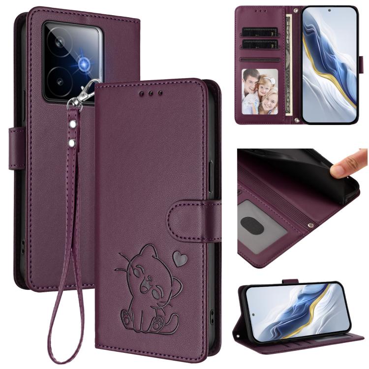 Embossed Heart Cat Leather Phone Case with Hand Strap, For Realme 15 / 15 Pro 5G Global, For Realme C71 4G Global, For Realme GT 7 5G India, For Realme V70 5G / 14x Global / C75 5G