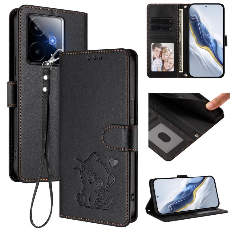 Embossed Heart Cat Leather Phone Case with Hand Strap, For Realme 15 / 15 Pro 5G Global, For Realme C71 4G Global, For Realme GT 7 5G India, For Realme V70 5G / 14x Global / C75 5G