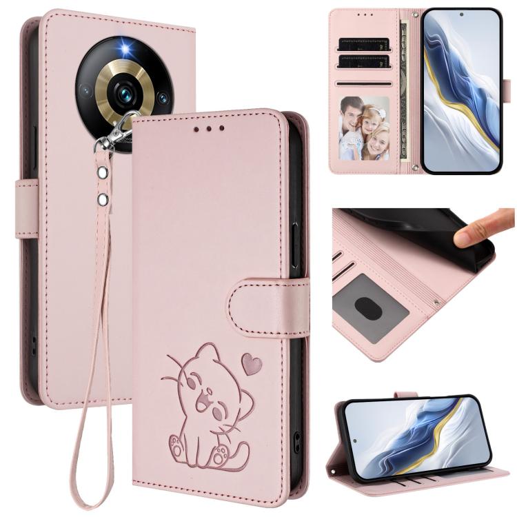 Embossed Heart Cat Leather Phone Case with Hand Strap, For Realme 11 4G Global, For Realme GT5 240W / GT5 5G, For Realme Narzo 60 Pro, For Realme C65 4G Global
