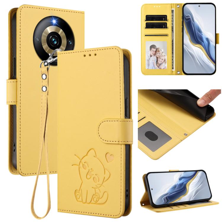 Embossed Heart Cat Leather Phone Case with Hand Strap, For Realme 11 4G Global, For Realme GT5 240W / GT5 5G, For Realme Narzo 60 Pro, For Realme C65 4G Global