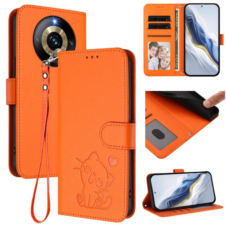 Embossed Heart Cat Leather Phone Case with Hand Strap, For Realme 11 4G Global, For Realme GT5 240W / GT5 5G, For Realme Narzo 60 Pro, For Realme C65 4G Global