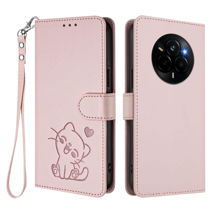 Embossed Heart Cat Leather Phone Case with Hand Strap, For Realme Narzo 80 Pro, For Realme Narzo 80x, For Realme 14 / P3 / 14T 5G Global, For Realme P3 Ultra 5G Global