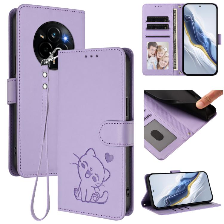 Embossed Heart Cat Leather Phone Case with Hand Strap, For Realme Narzo 80 Pro, For Realme Narzo 80x, For Realme 14 / P3 / 14T 5G Global, For Realme P3 Ultra 5G Global