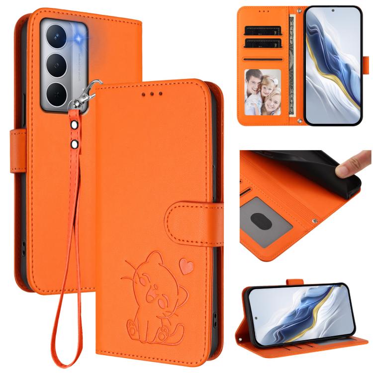 Embossed Heart Cat Leather Phone Case with Hand Strap, For Realme Narzo 80 Pro, For Realme Narzo 80x, For Realme 14 / P3 / 14T 5G Global, For Realme P3 Ultra 5G Global