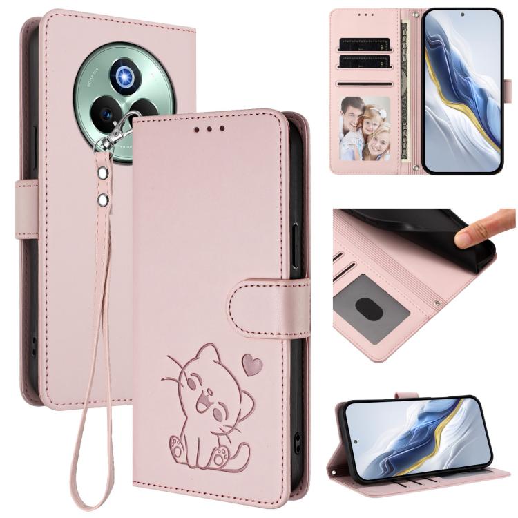 Embossed Heart Cat Leather Phone Case with Hand Strap, For Realme P3 Pro 5G Global, For Realme C75 4G Global / 14x 5G India, For Realme 14 Pro+ 5G, For Realme 14 Pro 5G India