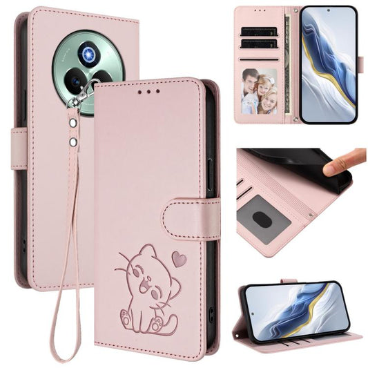 Embossed Heart Cat Leather Phone Case with Hand Strap, For Realme P3 Pro 5G Global, For Realme C75 4G Global / 14x 5G India, For Realme 14 Pro+ 5G, For Realme 14 Pro 5G India