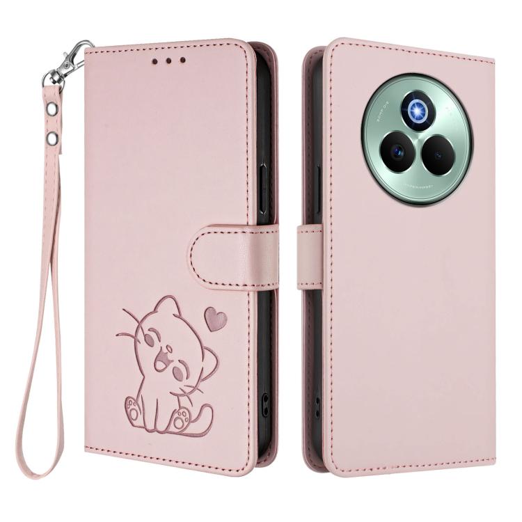 Embossed Heart Cat Leather Phone Case with Hand Strap, For Realme P3 Pro 5G Global, For Realme C75 4G Global / 14x 5G India, For Realme 14 Pro+ 5G, For Realme 14 Pro 5G India