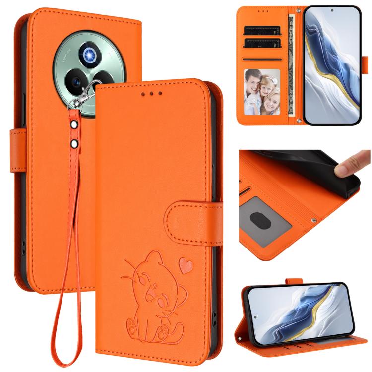 Embossed Heart Cat Leather Phone Case with Hand Strap, For Realme P3 Pro 5G Global, For Realme C75 4G Global / 14x 5G India, For Realme 14 Pro+ 5G, For Realme 14 Pro 5G India
