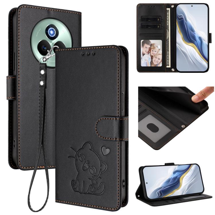 Embossed Heart Cat Leather Phone Case with Hand Strap, For Realme P3 Pro 5G Global, For Realme C75 4G Global / 14x 5G India, For Realme 14 Pro+ 5G, For Realme 14 Pro 5G India