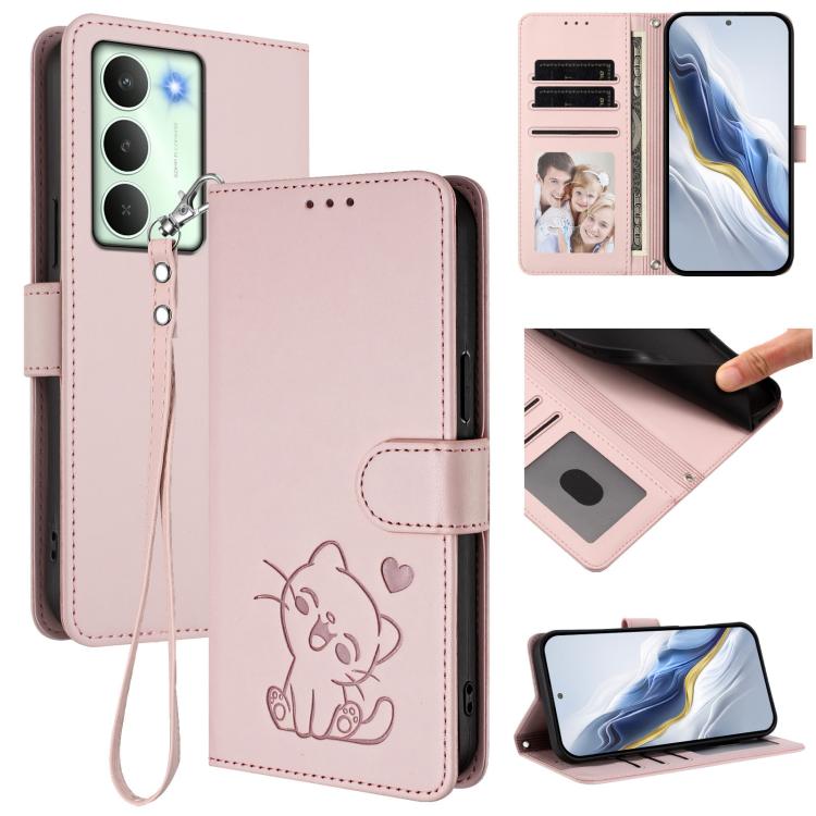 Embossed Heart Cat Leather Phone Case with Hand Strap, For Realme 15 / 15 Pro 5G Global, For Realme C71 4G Global, For Realme GT 7 5G India, For Realme V70 5G / 14x Global / C75 5G